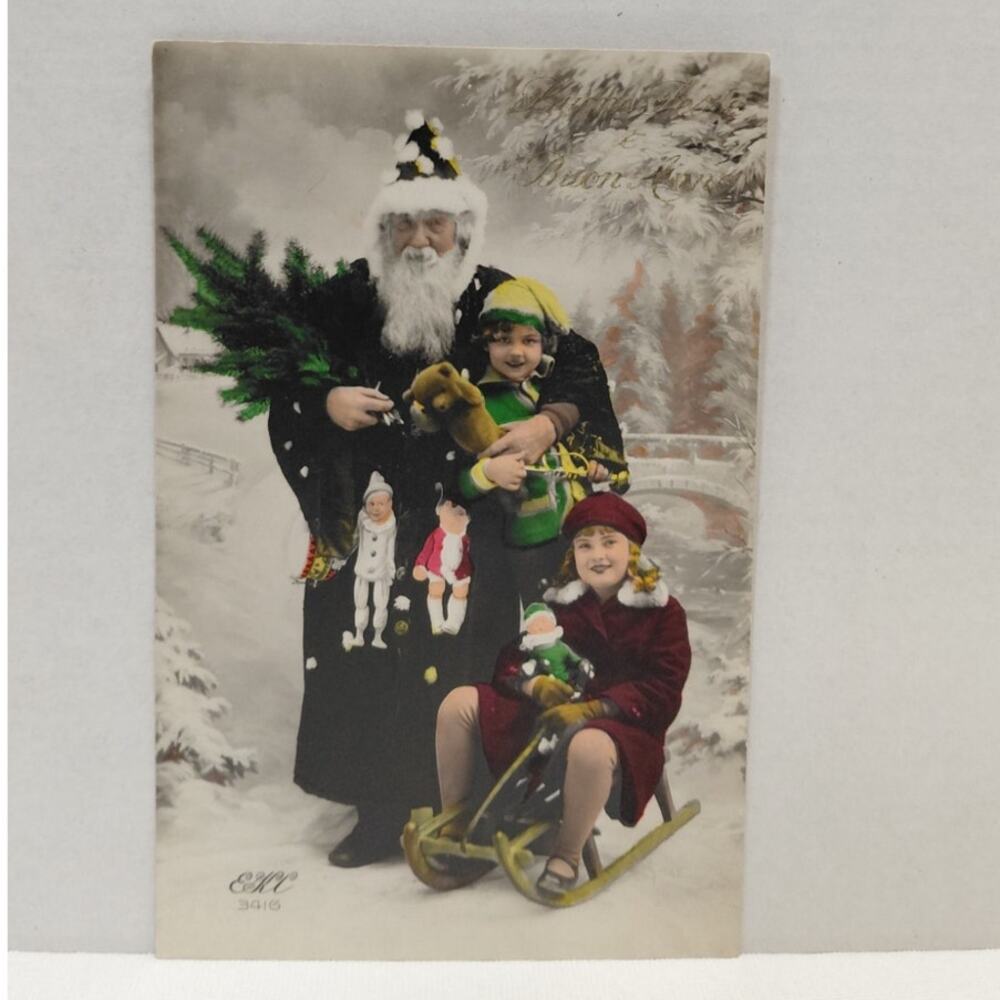 Antique Christmas Postcard Santa Claus Dressed in Black made in France Unposted